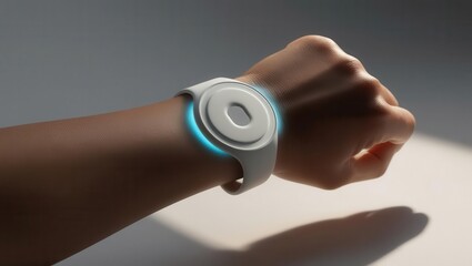 A sleek, futuristic smartwatch glows on a wrist, showcasing its modern design and technology in a minimalistic setting.
