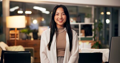 Smile, portrait and business woman in office with confidence, night and journalism career. Happy,...