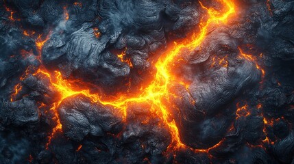 Fototapeta premium Molten lava flowing through dark volcanic rock.