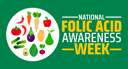 National Folic Acid Awareness Week background banner or poster design template. observed every year in January. Holiday concept. Use to any Template, card, poster, placard, template.