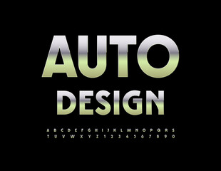 Vector quality logotype Auto Design. Digital Silver Font. Reflective Metallic Alphabet Letters and Numbers set.