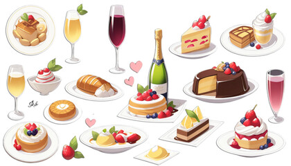 Hand drawn chalk food illustrations, delicious cheeses and wines.eps