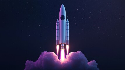 Obraz premium Rocket launching into space, fiery trail, dark background.