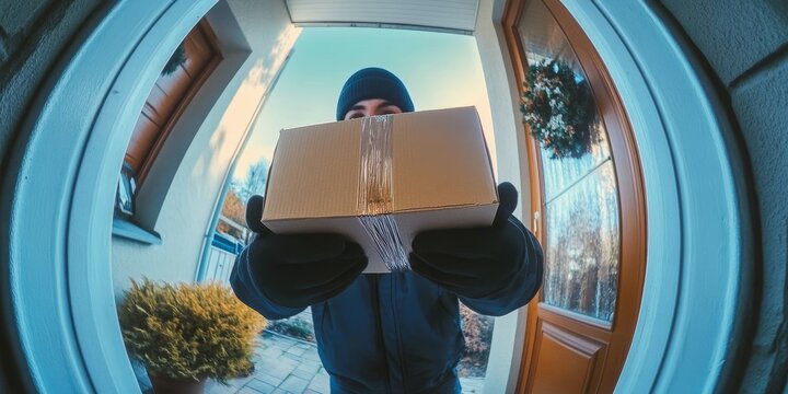 A fisheye image reveals a person engaged in the act of attempting to steal a parcel from a home, bringing attention to the growing issue of theft and crime within local neighborhoods