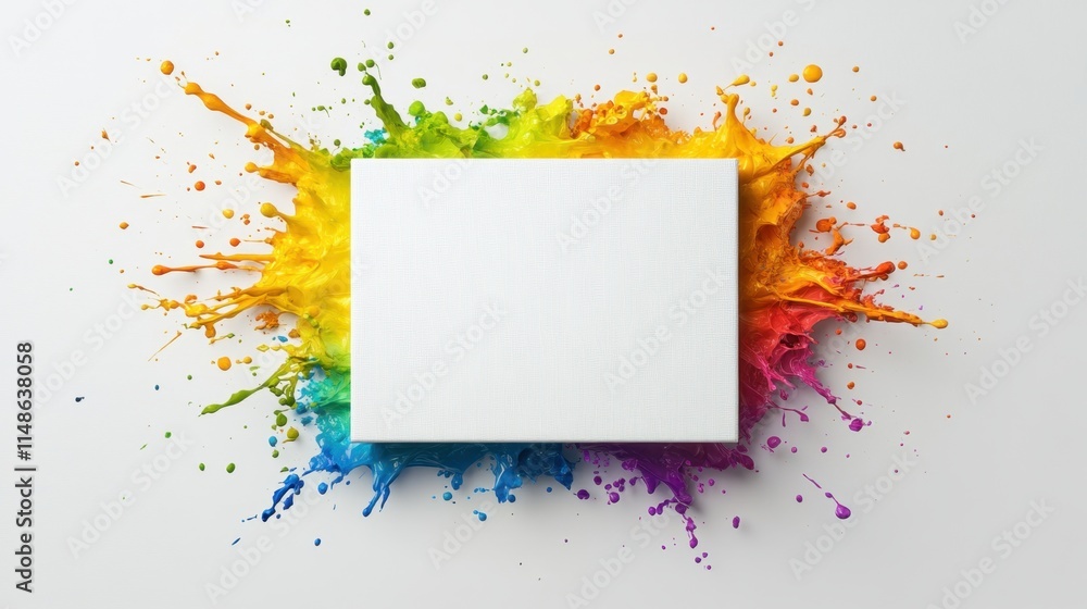 Poster a vibrant explosion of colorful paint splashes surrounds a blank white canvas, creating a dynamic an
