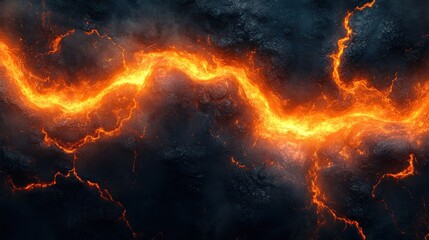 Fototapeta premium Molten lava flows through dark volcanic rock.