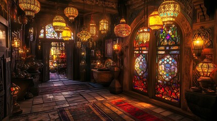 Obraz premium A Luxurious Room Illuminated By Hanging Lanterns And Stained Glass