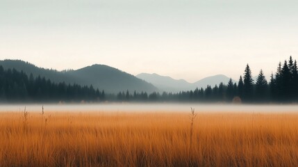 Fototapeta premium At dawn, a fog envelops a serene field, with only hints of golden grass peeking through the mist