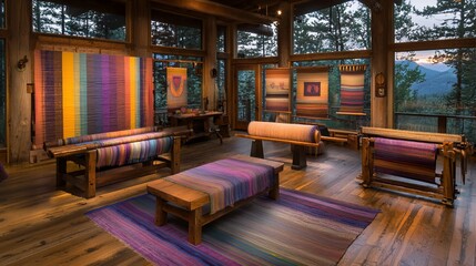 Rustic studio showcasing vibrant woven textiles, looms, and wood.