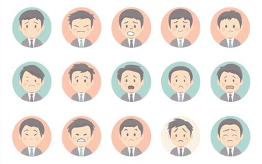 Fototapeta premium A collection of businessman faces with various emotions such as joy, sadness, and contemplation. These are flat vector illustrations in a pastel color scheme