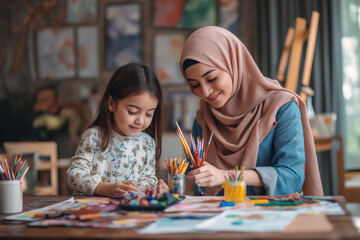Arab mother and daughter in a stylish living room playing with art supplies.
