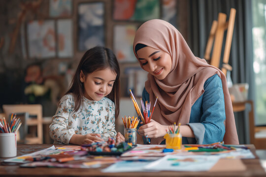 Arab mother and daughter in a stylish living room playing with art supplies.