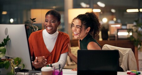 Employees, computer and laughing in office at night, magazine editor and manager for helping staff....