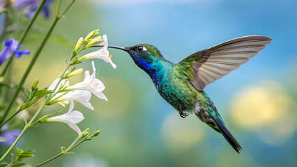 Obraz premium a beautiful hummingbird hunting nectar from the flower