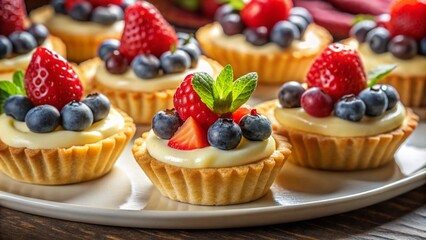 Aerial View: Delicious Sweet Tartlets with Berries & Cream in Restaurant