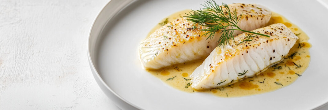 Succulent roasted haddock fillets with lemon dill sauce on white plate