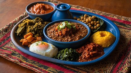 Delightful spread of traditional Ethiopian cuisine featuring a large piece of injera accompanied by flavorful stews and vibrant vegetables