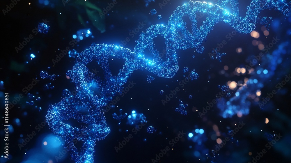 Poster a close-up view of a dna double helix structure in a vibrant, glowing environment.