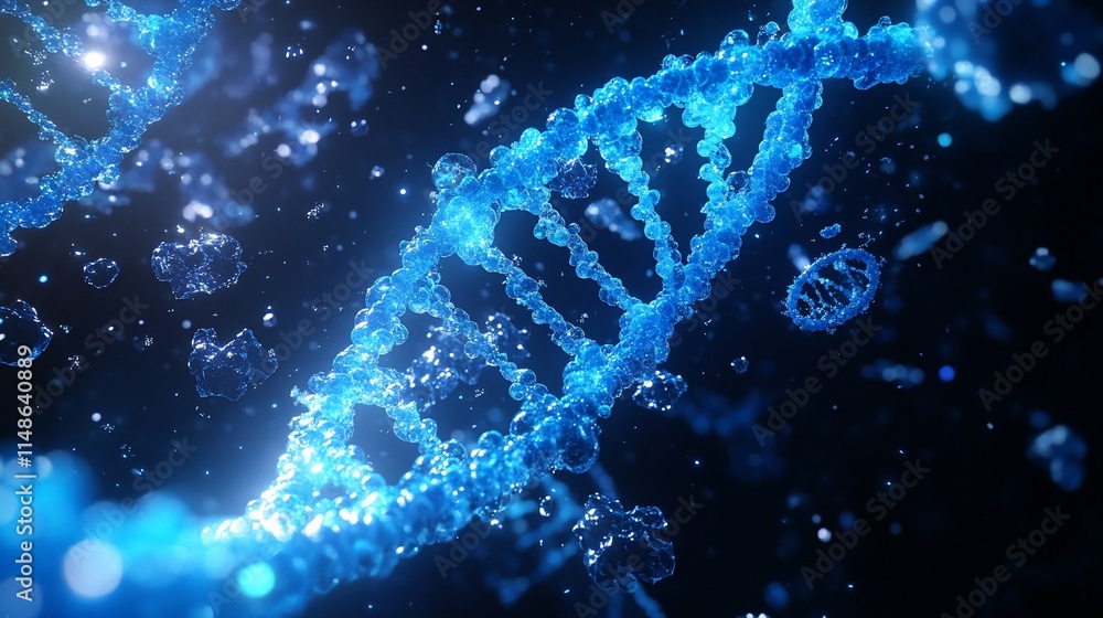Poster a close-up view of a dna double helix structure in a digital environment.