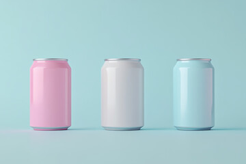 Three pastel soda cans on a light blue background