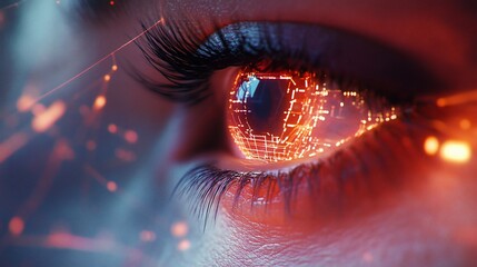 A close-up of an eye with a digital, futuristic design reflecting technology.