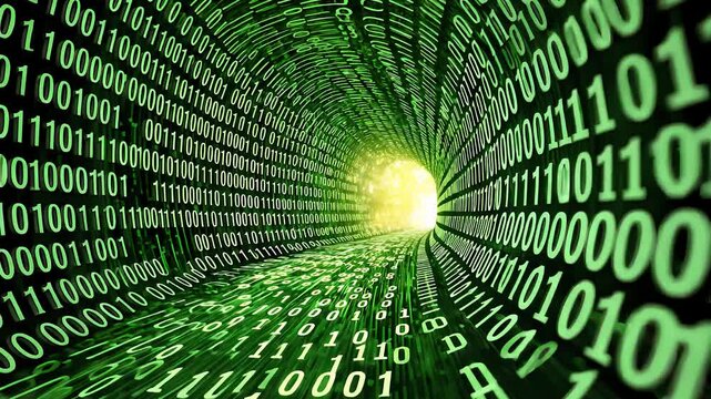 Green Binary Code Tunnel with a Bright Light at the End Creating a Futuristic Digital Data Flow Concept

