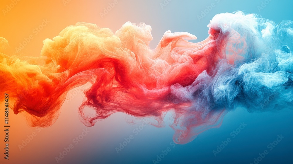 Poster a vibrant abstract swirl of colorful smoke blending orange and blue tones, creating a mesmerizing vi