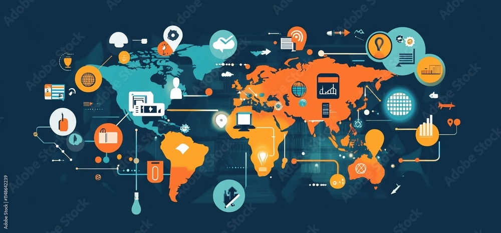 Aufkleber a colorful world map with icons representing global connectivity and technology.