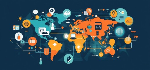 A colorful world map with icons representing global connectivity and technology.