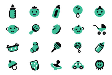 A collection of baby-related icons, including a bottle, a stroller