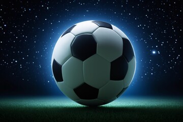 Naklejka premium soccer ball on grass field with stars in the background