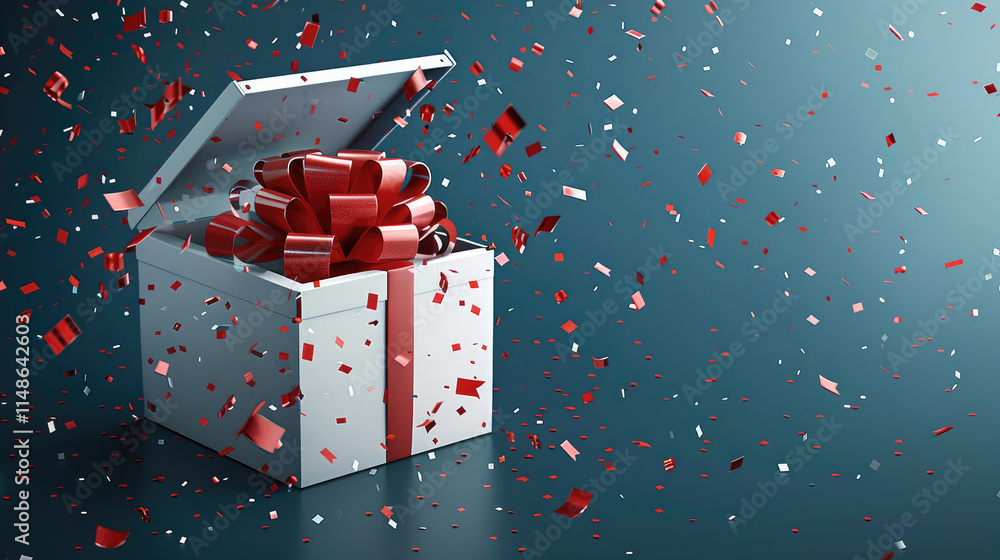 Poster an open gift box with a red ribbon, confetti flying out of it on a dark blue background, vector illu