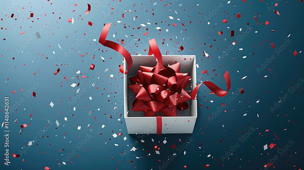 Poster an open gift box with a red ribbon, confetti flying out of it on a dark blue background, vector illu