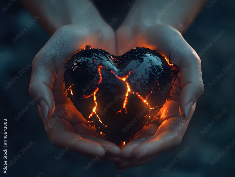 Poster a pair of hands delicately cradling a glowing heart made of volcanic material with cracks revealing 