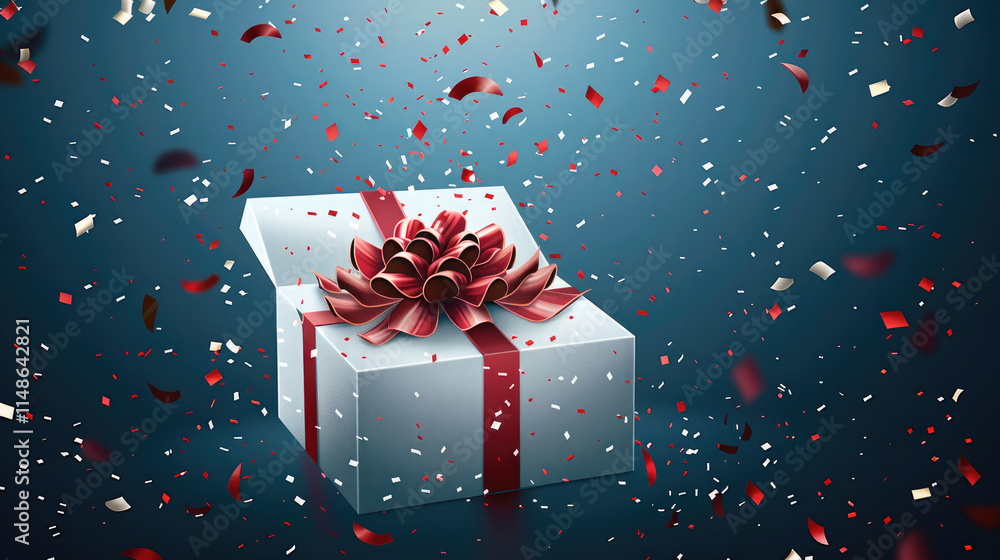 Poster an open gift box with a red ribbon, confetti flying out of it on a dark blue background, vector illu