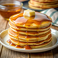 Delicious Stack of Pancakes with Syrup and Butter – Classic Breakfast Treat