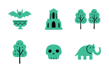 A collection of cartoonish images including a skull, a bat, a tree, a building