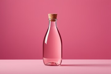 a bottle of pink wine on a pink background