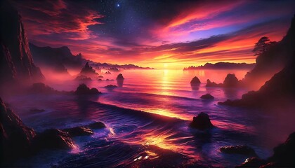 An enchanting ocean view with orange and pink hues, reflecting tranquility and beauty, ideal for digital designs.