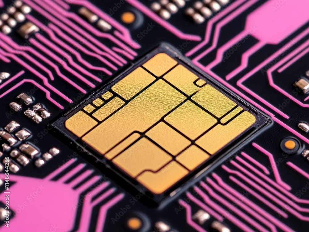 Poster close-up view of a microchip with intricate circuit design and vibrant pink background, showcasing m