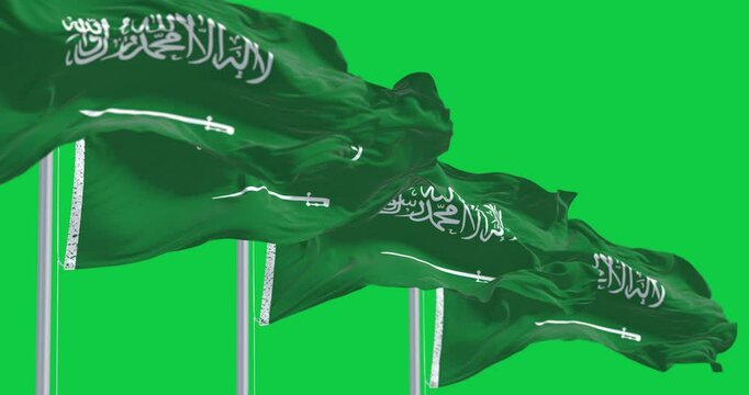 Saudi Arabian national flags waving in the wind isolated on green background