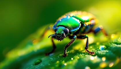 Naklejka premium Vibrant Green Jewel Beetle on Dew-Kissed Leaf A Stunning Macro Photography of Nature's Tiny Marvel