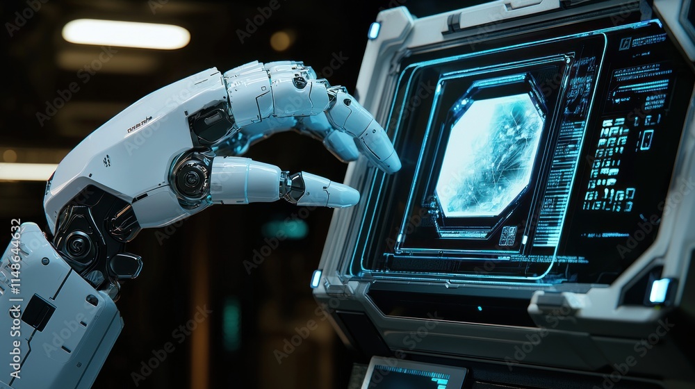 Poster futuristic robotic hand interacting with a high-tech interface