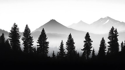 Serene Monochrome Photo: Misty Mountains Rise Above Silhouetted Pines. AI Generated