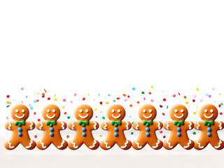 Fototapeta premium Whimsical Christmas border featuring a line of dancing gingerbread people, with a sprinkle of colorful confetti, on a transparent backdrop.