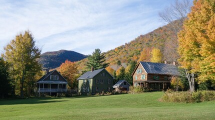 Obraz premium Autumnal Houses Nestled Amongst Colorful Foliage