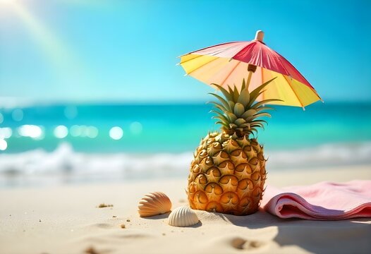 Pineapple with cocktail umbrella enjoying summer vacations on a tropical beach