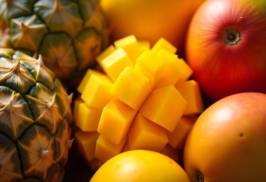 Fresh cut mango and pineapple showing vibrant yellow and green colors