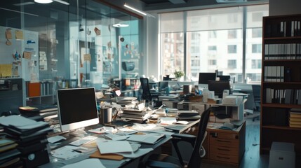 Messy, busy desk in a warehouse back office.