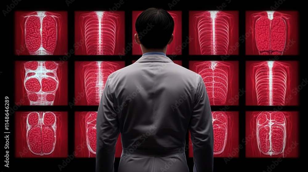 Poster medical professional analyzing x-ray images with red overlays in high-tech environment, focusing on 